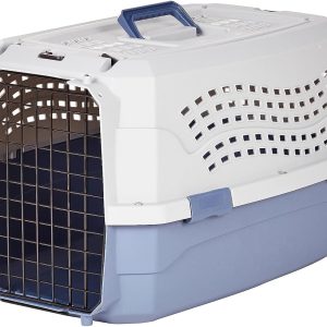 Amazon Basics 2-Door Top-Load Hard-Sided Dogs, Cats Pet Travel Carrier, Gray & Blue, 22.8"L x 15.0"W x 13.0"H